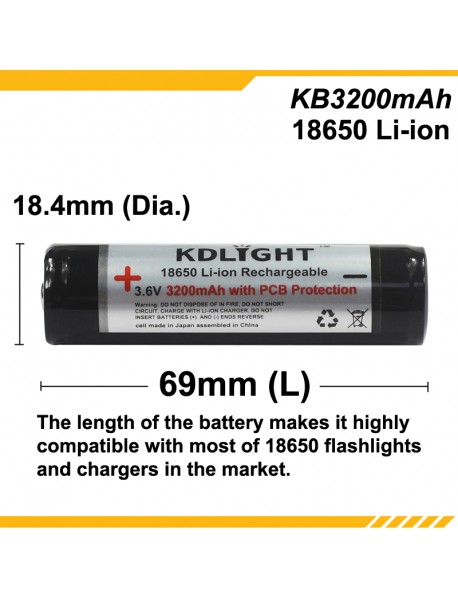 KDLIGHT KB3200mAh 3.6V 3200mAh Rechargeable Li-ion 18650 Battery with PCB