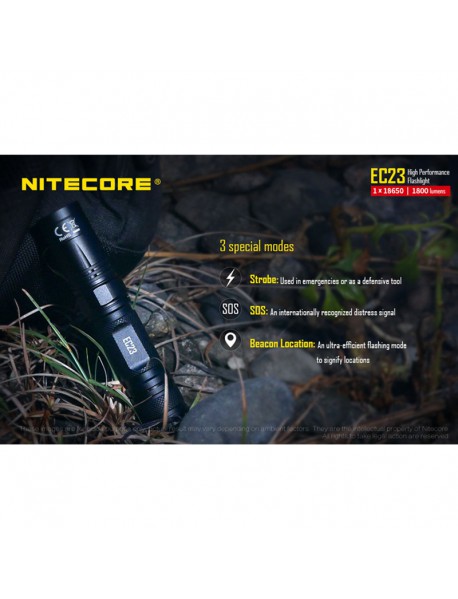NiteCore EC23 CREE XHP35 HD E2 LED 1800 Lumens Flashlight (1 x 18650 / 2 × CR123 / IMR) - Black