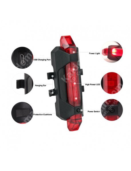 DC918 High Power Red Light 4-Mode USB Rechargeable Bike Tail Light (1 pc)