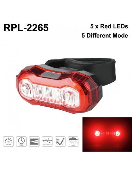 RPL-2265 Red LED 100 Lumens 5-Mode USB Rechargeable Bike Tail Light (1 pc)