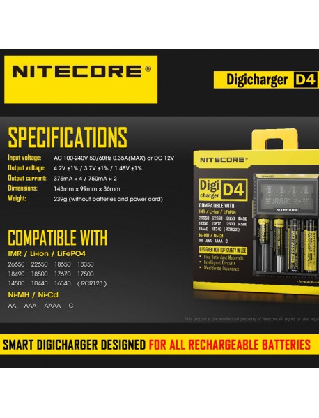 Nitecore D4 4x Slot Digicharger LCD Smart Battery Charger