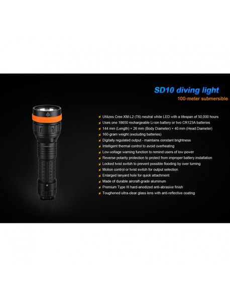 Fenix SD10 Cree XM-L2 T6 930 Lumens 3-Mode Diving Flashlight ( 2*CR123A / 1*18650 )