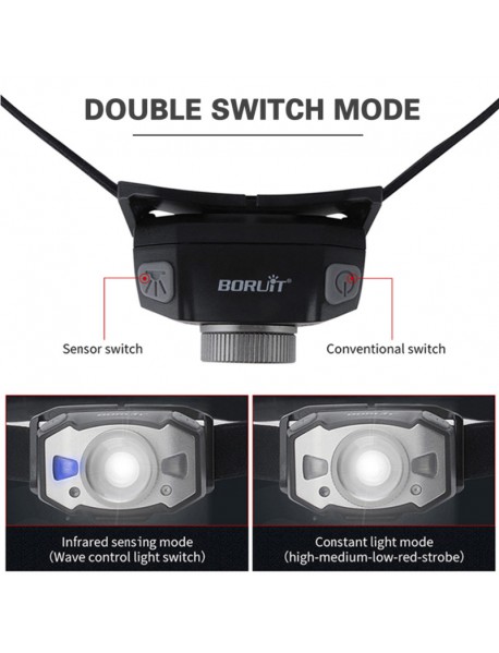 Boruit B33 XP-G2 + 2 x 3030 Red Light 5-Mode Motion IR Sensor Zoomable USB Rechargeable LED Headlamp