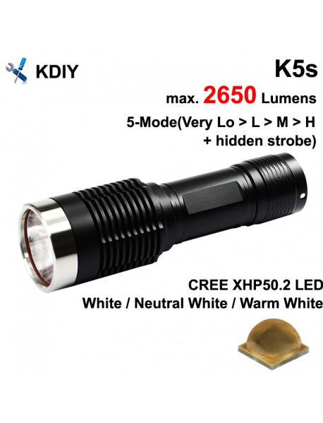 KDIY K5S Cree XHP50.2 2650 Lumens 5-Mode LED Flashlight - Black ( 1x26650 )