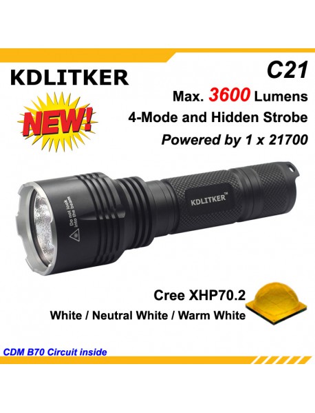 KDLITKER C21 Cree XHP70.2 3600 Lumens 5-Mode LED Flashlight - Black ( 1x21700 )