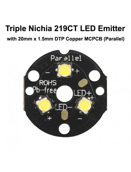 Triple Nichia 219CT LED Emitter with 20mm x 1.5mm DTP Copper PCB (Parallel) w/ optics