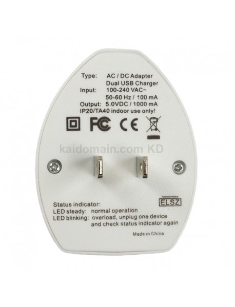 KCF-062 Universal Dual USB Travel AC Power Adapter 6A 110V - 240V - White (1 pc)