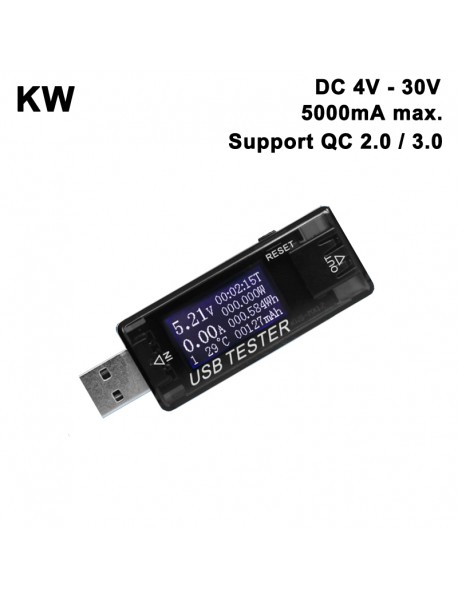 KW 8 in 1 QC2.0 3.0 4V - 30V USB Current and Voltage Meter - Black