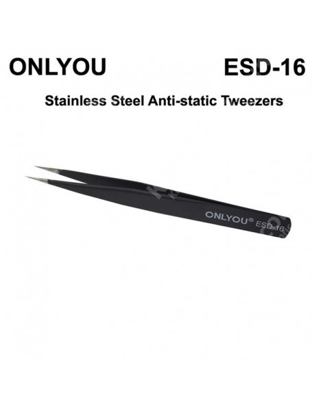 ONLYOU ESD Stainless Steel Precision Straight Anti-static Tweezers - Black
