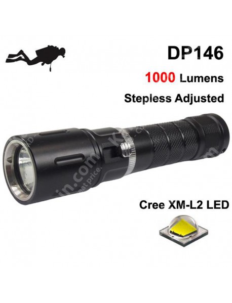 DP146 Cree XM-L2 White 6500K 1000 Lumens Stepless Adjusted Diving LED Flashlight - Black ( 1x18650 )