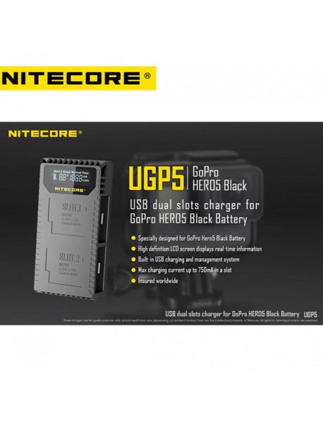 NiteCore UGP5 USB Dual Slots Charger for GoPro Hero5 Black Battery - Black