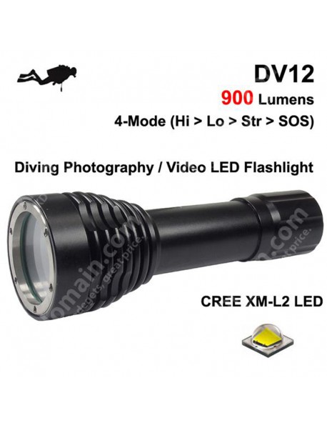 DV12 Cree XM-L2 U3 White 6500K 900 Lumens 4-Mode LED Diving Video   Flashlight - Black ( 1x18650 )