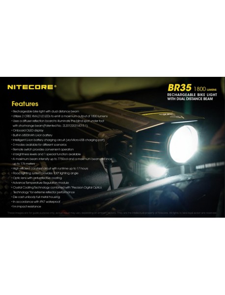 NiteCore BR35 CREE XM-L2 U2 LED 3-Mode 1800Lumens SMO Bike Light(Rechargeable Li-ion)
