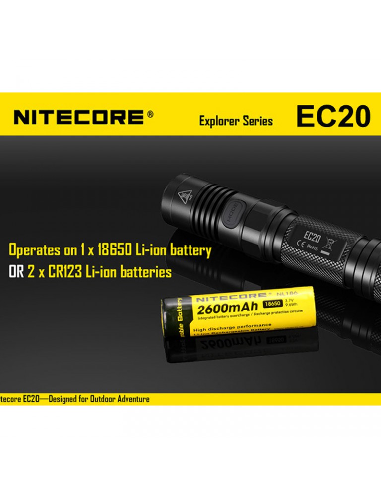 NFG25,NFB25 NDF25 Black Nitecore EC20 960 Lumens CREE XM-L2 T6 LED Brightness New Flashlight Using 1×18650 Li-ion Battery or 2 ×CR123 Li-ion Batteries Compatible with NFR25 NTW25 Waterproof in Accordance with IPX-8 NFD25