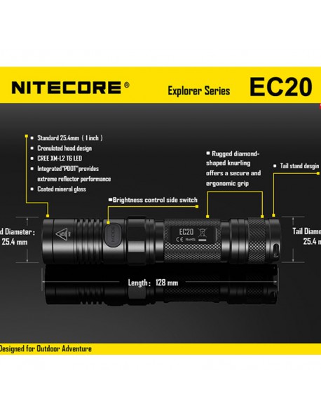 NiteCore EC20 Cree XM-L2 T6 960 Lumens White Light SMO LED Flashlight (1 x 18650 / 2 x CR123)