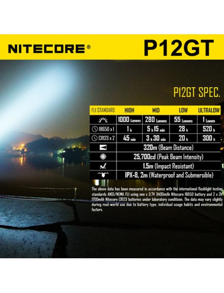 NiteCore P12GT Cree XP-L HI V3 1000 Lumens White Light SMO LED Flashlight (1 x 18650 / 2 x CR123)