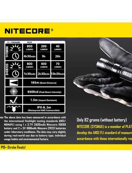 NiteCore P10 Cree XM-L2 T6 800 Lumens Neutral White SMO LED Flashlight (1 x 18650 / 2 x CR123)