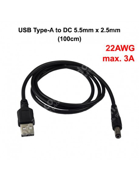 USB to DC 5.5mm x 2.5mm 22AWG Power Cable - Black ( 100cm Length )
